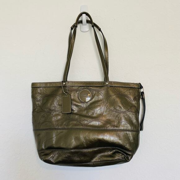 Coach Patent Leather‎ Stitched C Tote Purse Shoulder Bag Green F15142 - Picture 1 of 12